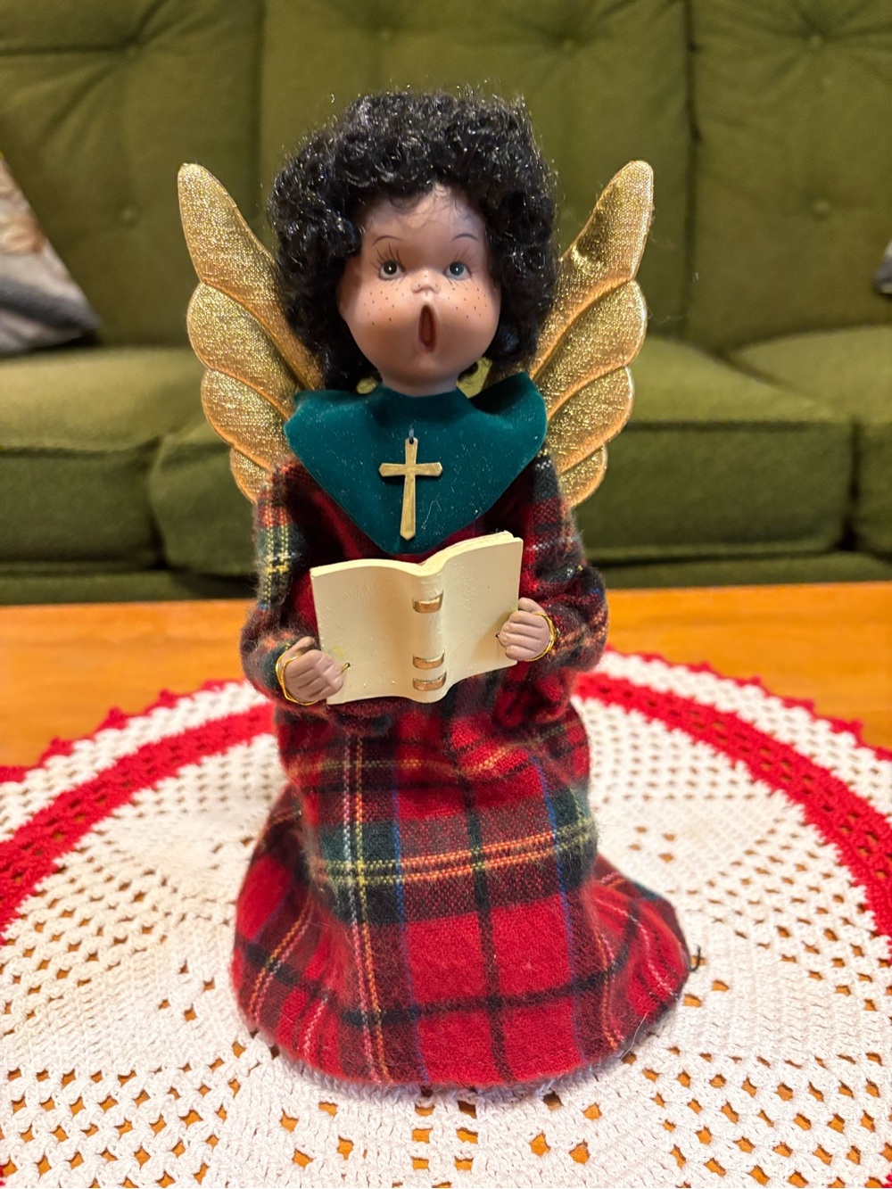 Vintage Holiday Plaid Angel Choir Figurine with Gold Wings